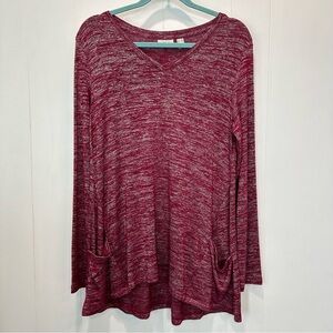 LOGO Lori Goldstein Heathered Burgundy V-Neck Pocket Tunic Size Medium